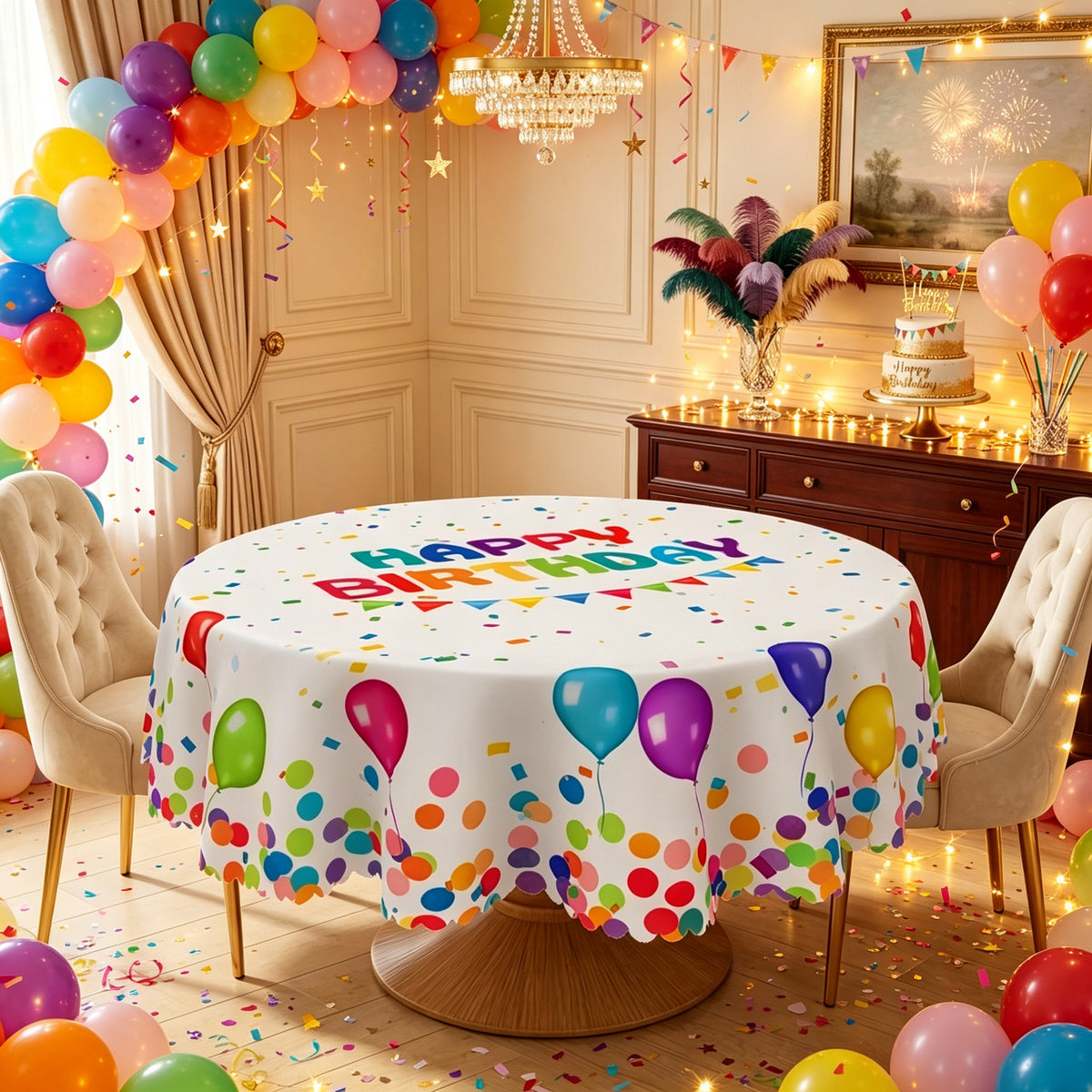 Happy Birthday Balloon Round Tablecloth, Decorative Dining Table Cover for Birthday Parties, Dining & Celebration Decor - HBD001-1-152R - image 3