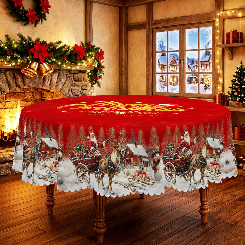 Merry Christmas Red Round Tablecloth, Decorative Dining Table Cover for Dining, Holiday Parties & Christmas Decor - BS036-180 - image 3