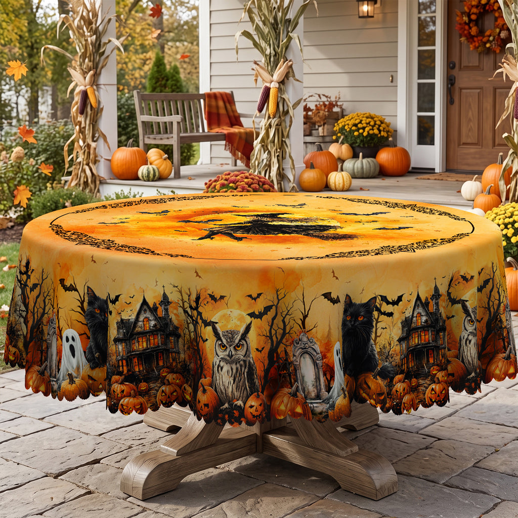 Halloween Pumpkin & Bats Round Tablecloth, Decorative Dining Table Cover for Halloween Parties, Dining & Fall Decor - BW002-152R - image 3