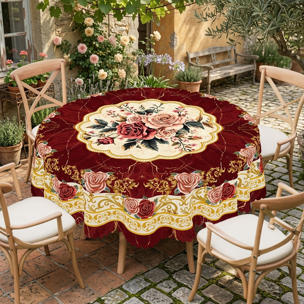 Burgundy Rose Baroque Round Tablecloth, Decorative Dining Table Cover for Dining Room, Wedding, Party & Vintage Home Decor - H006-1-152R - image 3