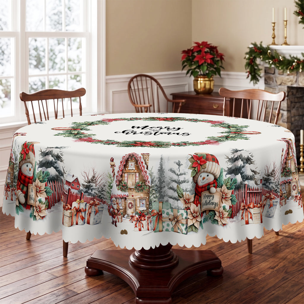 Christmas Snowman Village Round Tablecloth, Decorative Dining Table Cover for Dining, Holiday Parties & Christmas Decor - BS010-180R - image 3