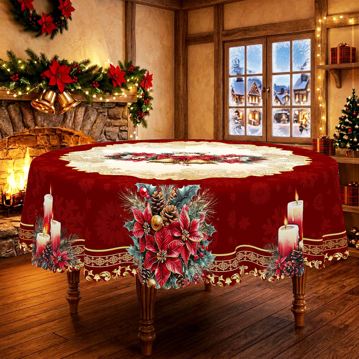 Christmas Holly Wreath Round Tablecloth, Decorative Dining Table Cover for Dining, Holiday Parties & Christmas Decor - BS026-180R - image 3