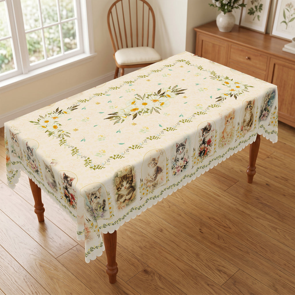 Kitten & Daisy Floral Tablecloth, Decorative Dining Table Cover for Kitchen, Dining & Pet Lover Home Decor - BM002-220 - image 3