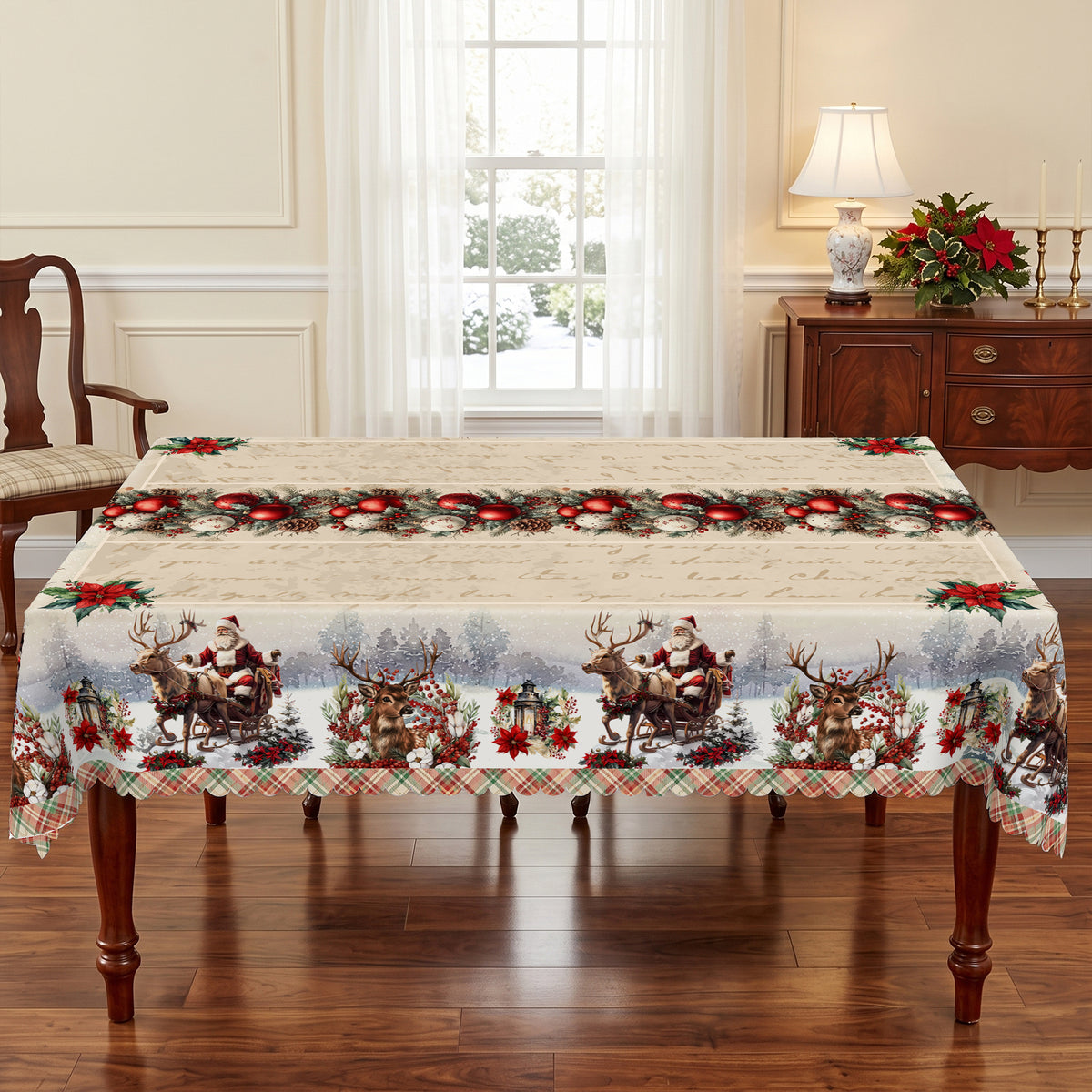 Christmas Reindeer & Holly Tablecloth, Decorative Dining Table Cover for Dining, Holiday Parties & Christmas Decor - BS011-220 - image 3