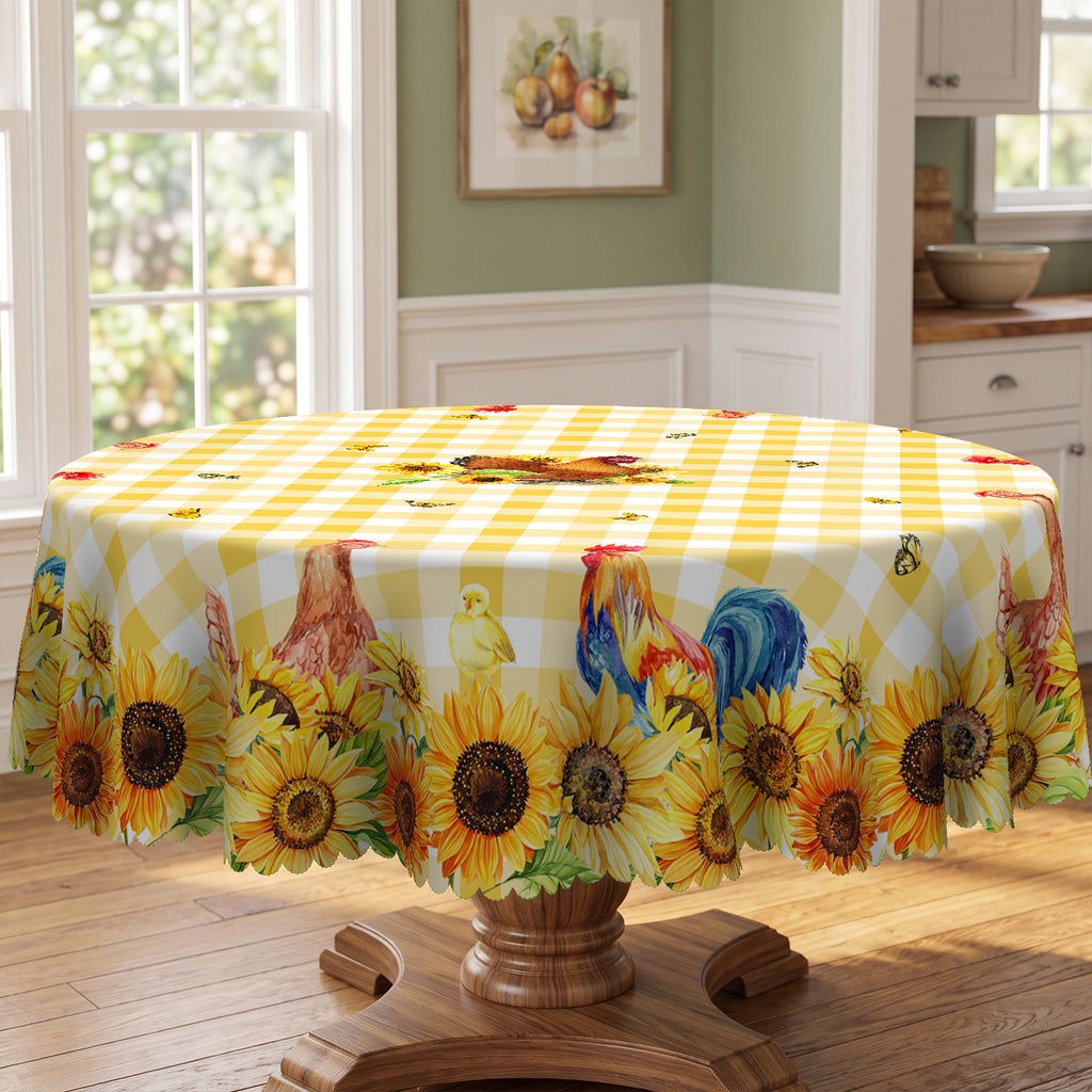 Sunflower Gingham Chicken Round Tablecloth, Decorative Dining Table Cover for Kitchen, Dining & Farmhouse Home Decor - N343-1-152R - image 3