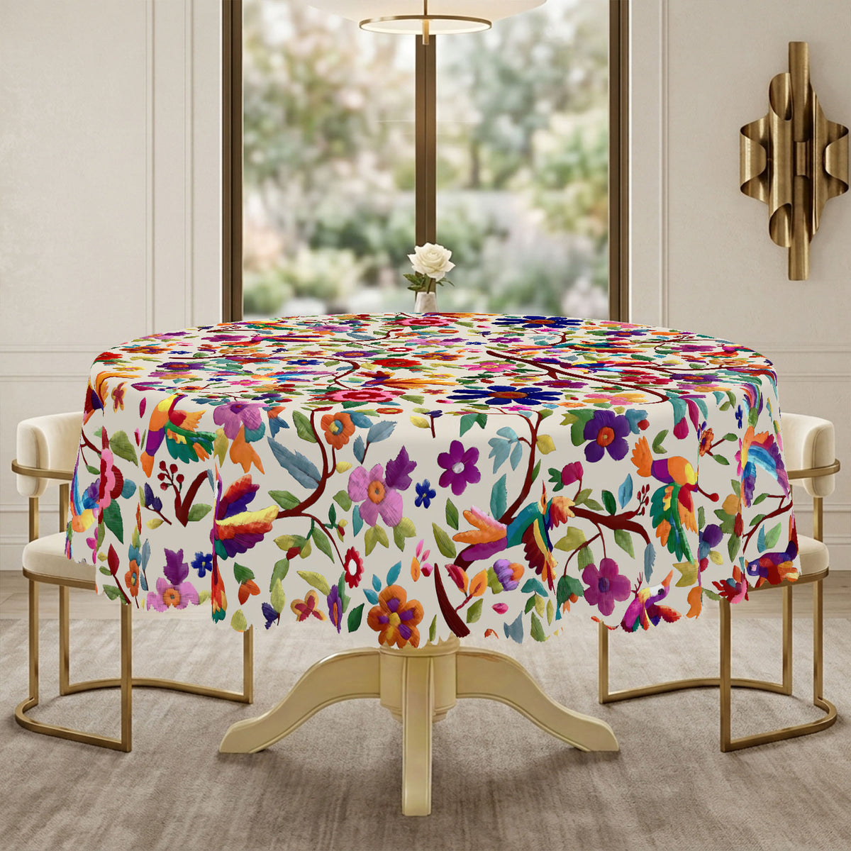 Mexican Colorful Floral Round Tablecloth, Decorative Dining Table Cover for Dining, Party, Patio & Colorful Home Decor - MEX001-1-152R - image 3
