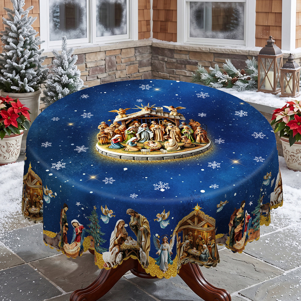 Blue Starry Nativity Round Tablecloth, Decorative Dining Table Cover for Dining, Holiday Parties & Christmas Decor - BS042-180R - image 3