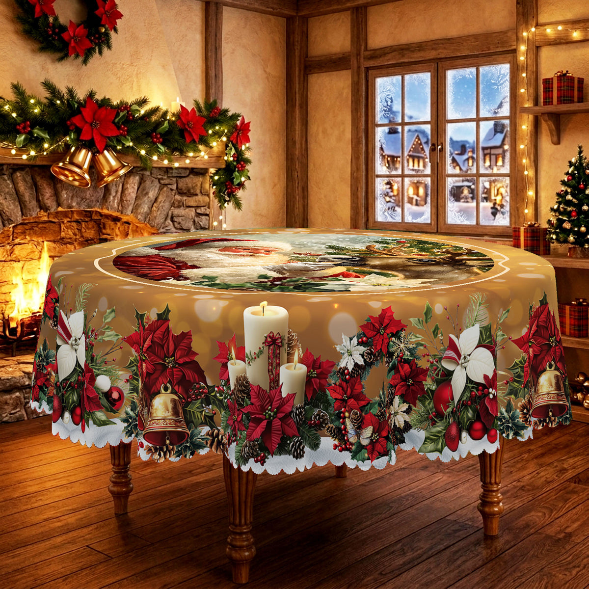 Christmas Santa & Deer Round Tablecloth, Decorative Dining Table Cover for Dining, Holiday Parties & Christmas Decor - BS003-180R - image 3