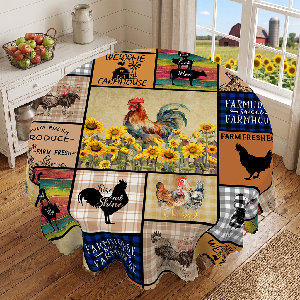 Farm Rooster Patchwork Round Tablecloth, Decorative Dining Table Cover for Kitchen, Dining & Farmhouse Home Decor - N58-1-152R - image 3