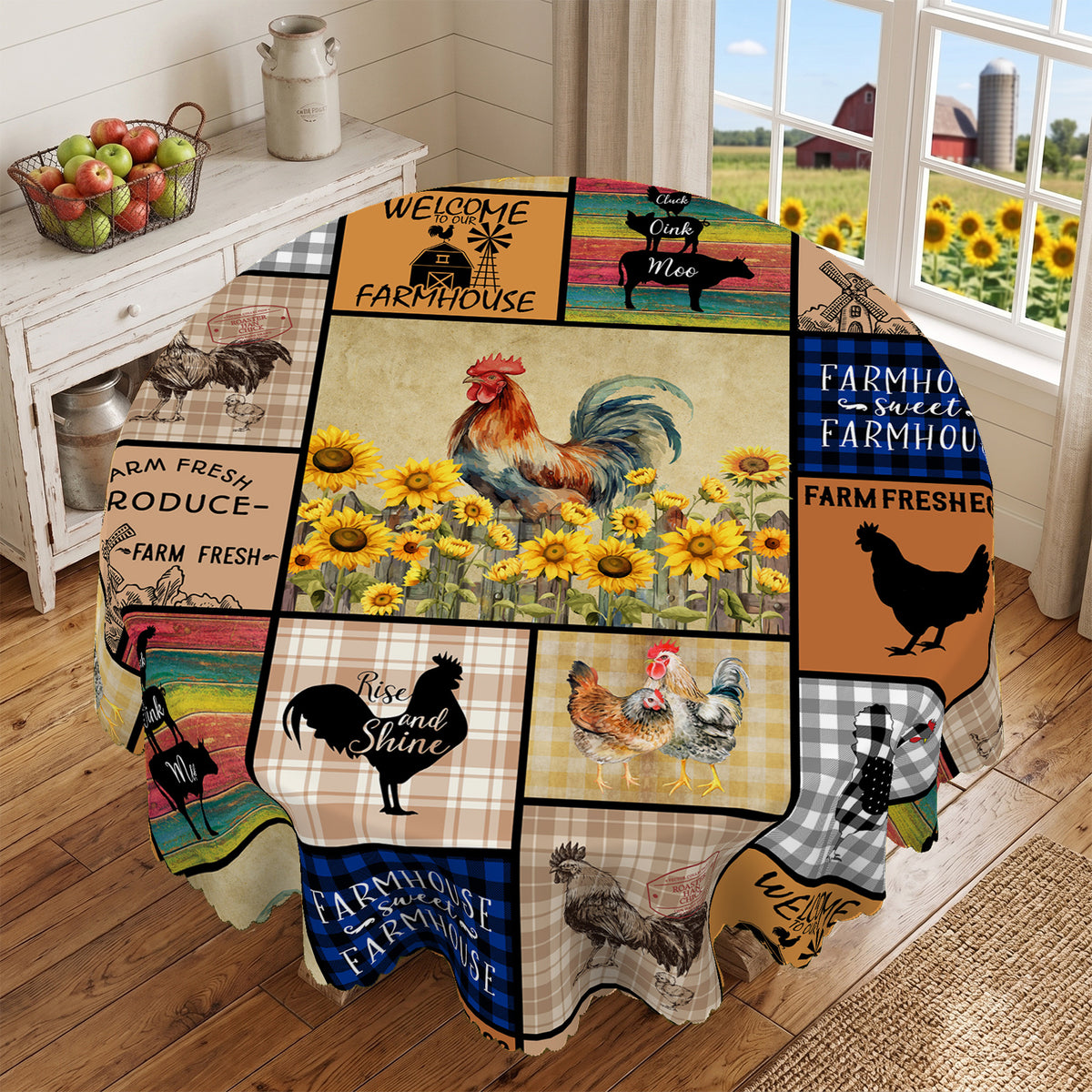 Farm Rooster Patchwork Round Tablecloth, Decorative Dining Table Cover for Kitchen, Dining & Farmhouse Home Decor - N58-1-152R - image 3