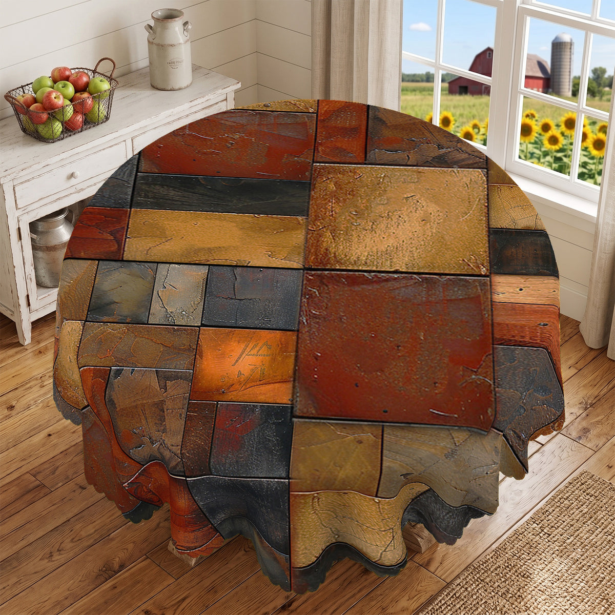 Rustic Patchwork Wood Plank Round Tablecloth, Decorative Dining Table Cover for Kitchen, Dining & Farmhouse Home Decor - BN005-1-152R - image 3
