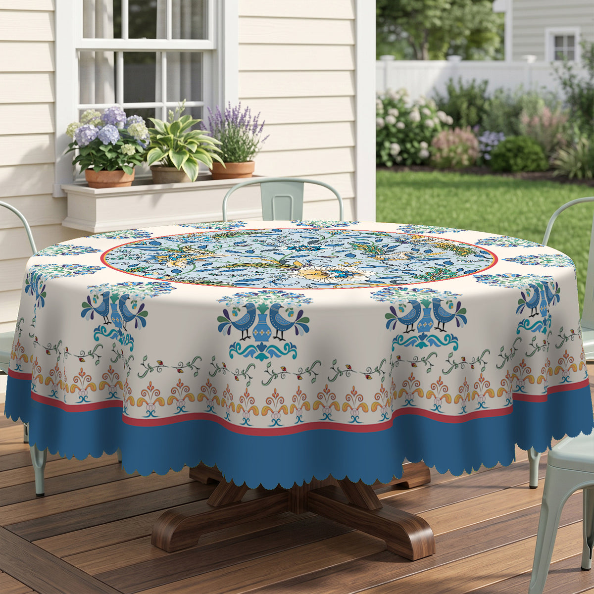 Blue Folk Floral Peacock Round Tablecloth, Decorative Dining Table Cover for Dining Room, Patio & Garden Party Decor - BH014-152R - image 3