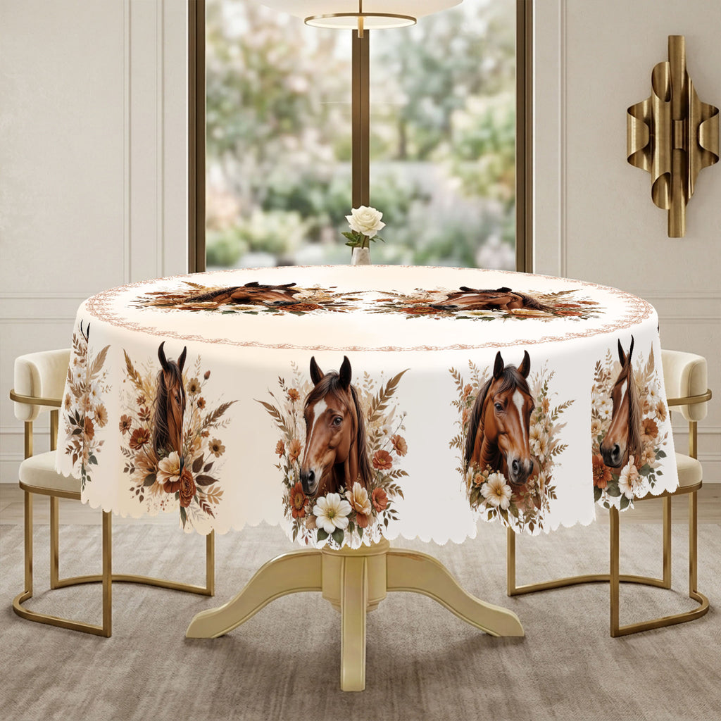 Vintage Horse & Floral Round Tablecloth, Decorative Dining Table Cover for Dining Room, Farmhouse & Country Decor - CT006-152R - image 3