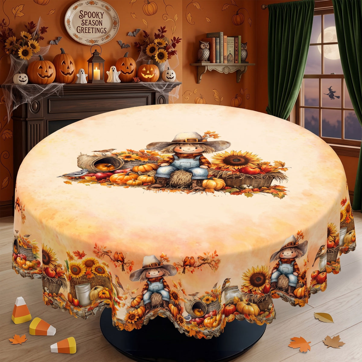 Autumn Pumpkin Patch Round Tablecloth, Decorative Dining Table Cover for Dining, Thanksgiving & Fall Home Decor - BQ008-152R - image 3
