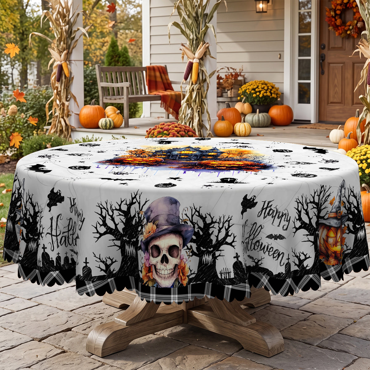 Halloween Spooky Garden Round Tablecloth, Decorative Dining Table Cover for Halloween Parties, Dining & Fall Decor - BW003-152R - image 3