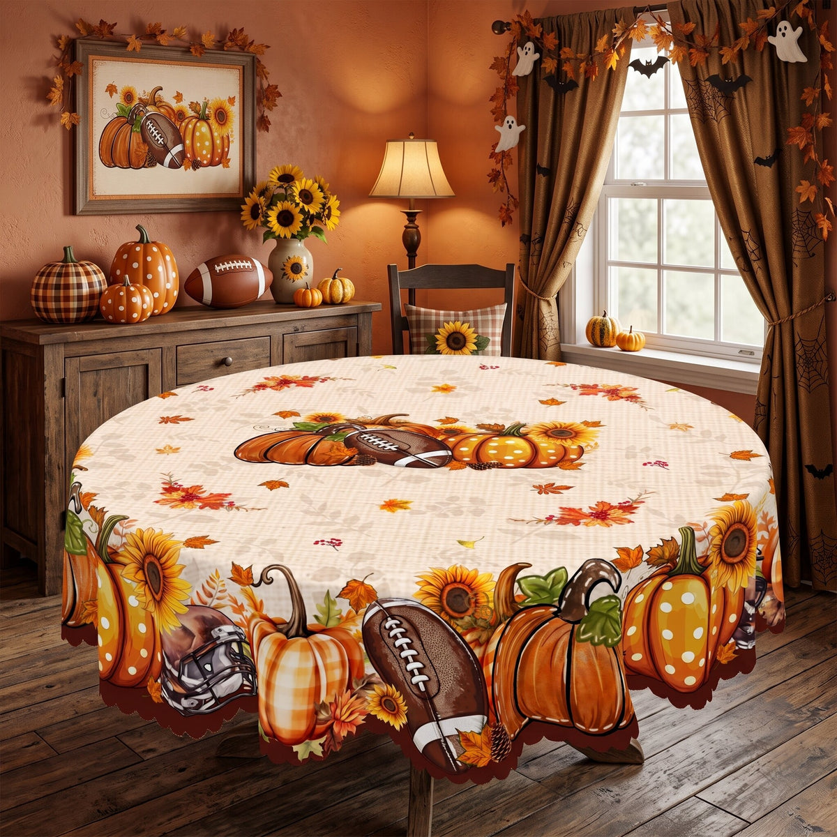 Rustic Pumpkin Harvest Round Tablecloth, Decorative Dining Table Cover for Dining, Thanksgiving & Fall Home Decor - BQ014-180R - image 3