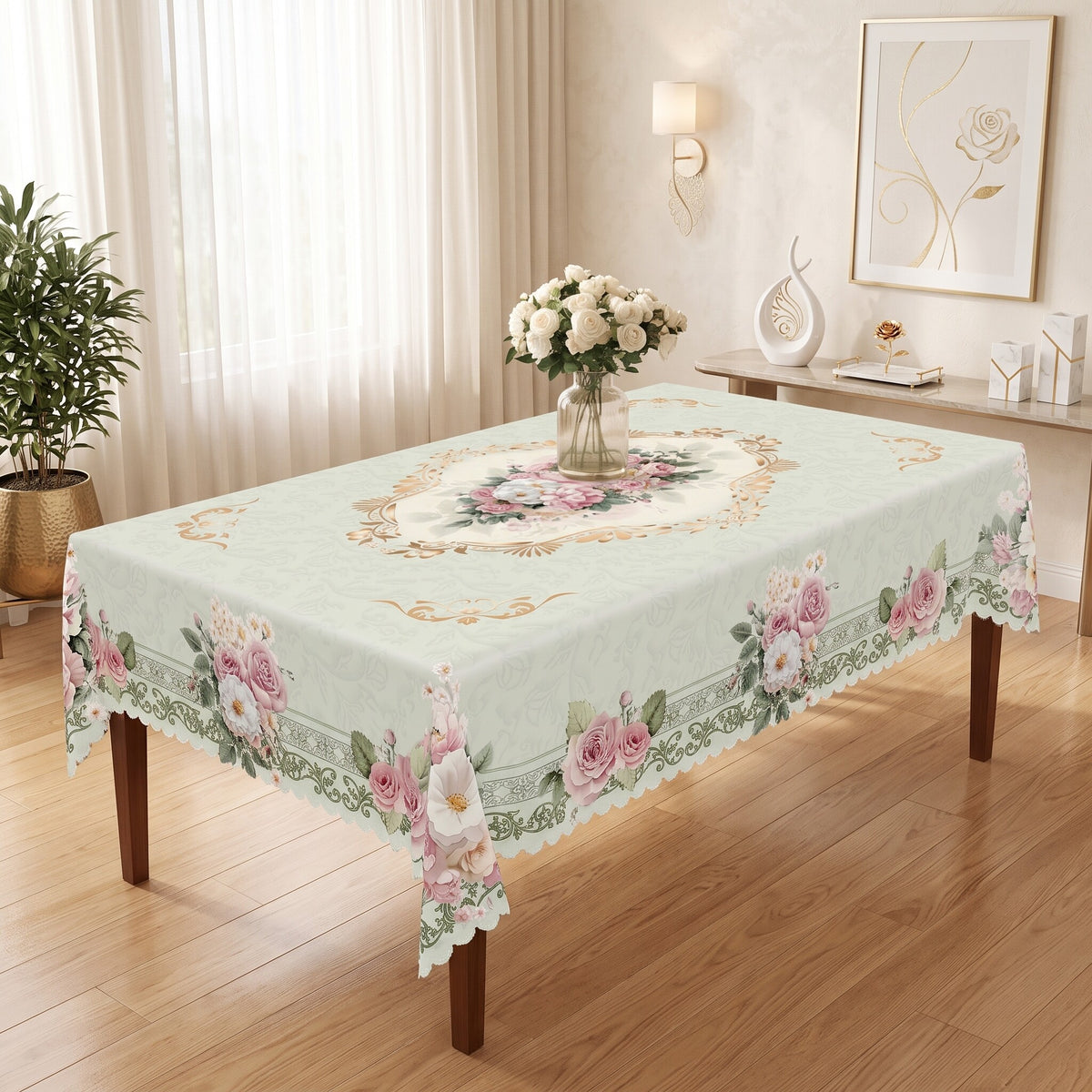 Vintage Pink Rose Floral Tablecloth, Decorative Dining Table Cover for Dining Room, Kitchen & Elegant Home Decor - H074-220 - image 3