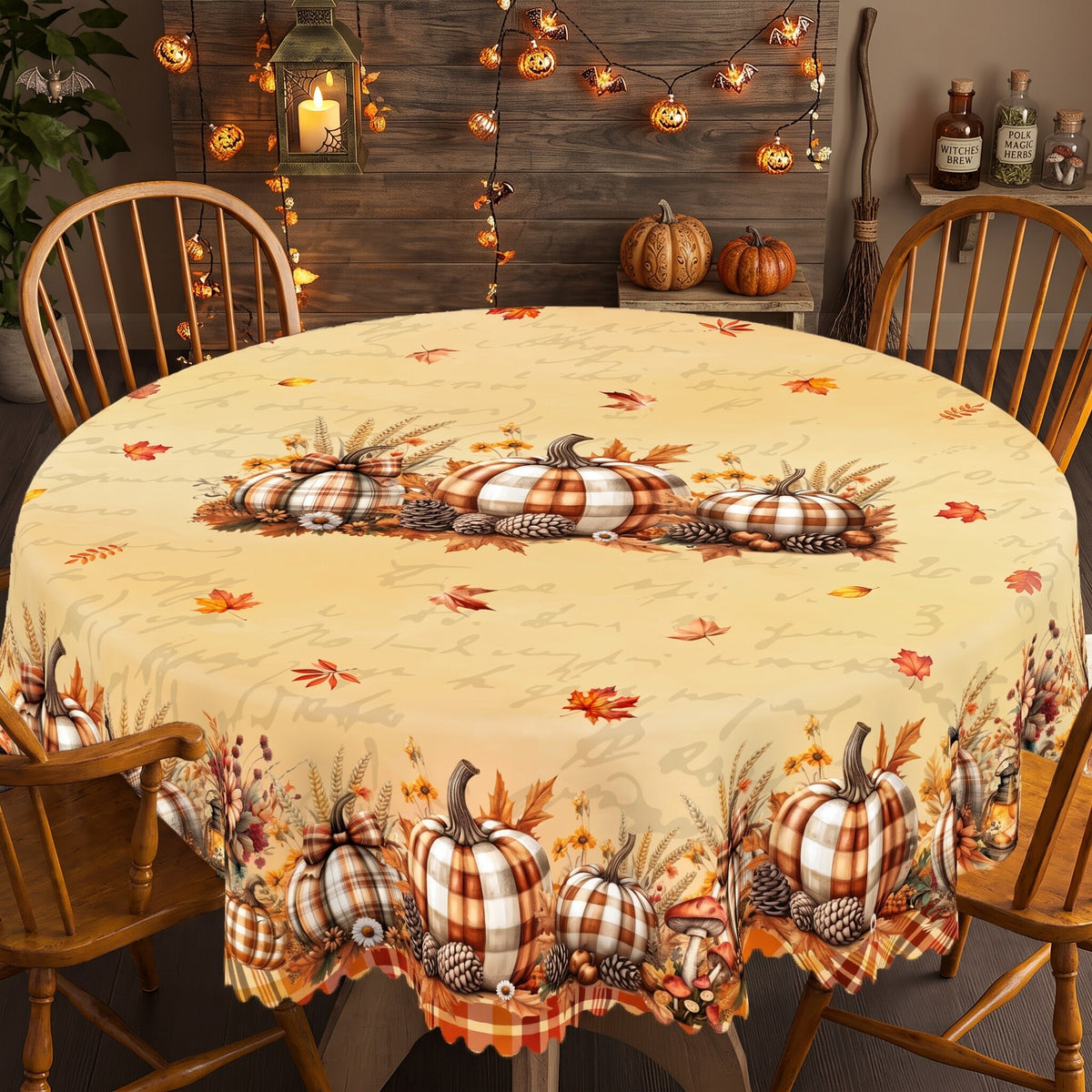 Plaid Pumpkin Harvest Round Tablecloth, Decorative Dining Table Cover for Dining, Thanksgiving & Farmhouse Fall Decor - BQ006-180R - image 3