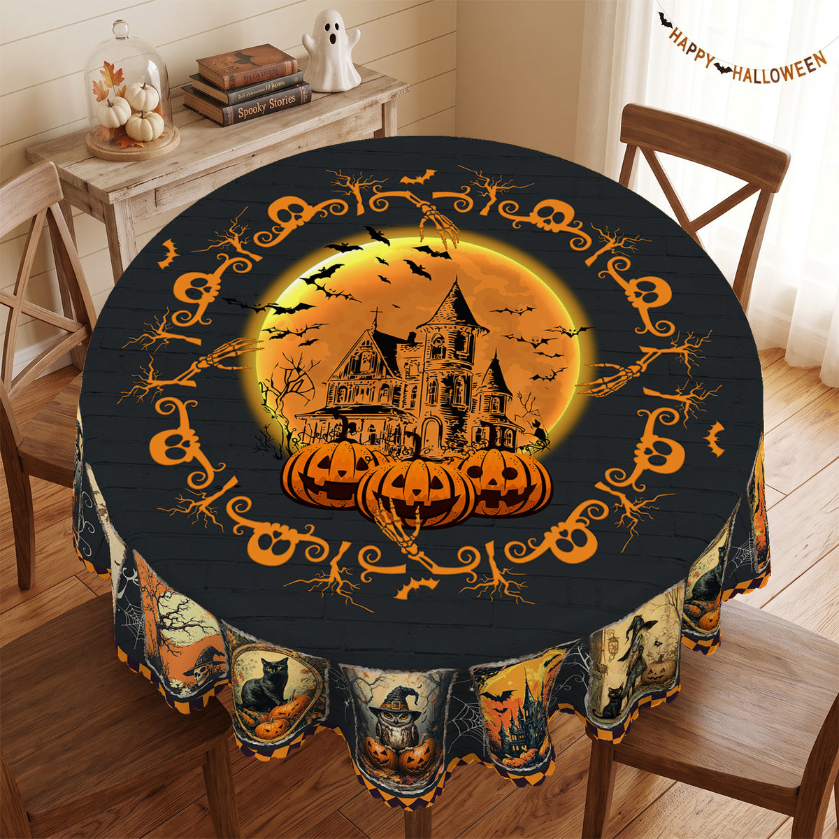 Halloween Cat & Pumpkin Round Tablecloth, Decorative Dining Table Cover for Halloween Parties, Dining & Fall Decor - BW001-180R - image 3