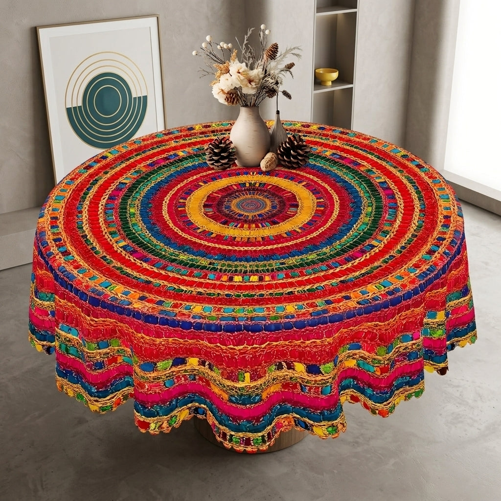 Colorful Boho Geometric Round Tablecloth, Decorative Dining Table Cover for Dining, Party, Patio & Boho Home Decor - BX010-1-152R - image 3