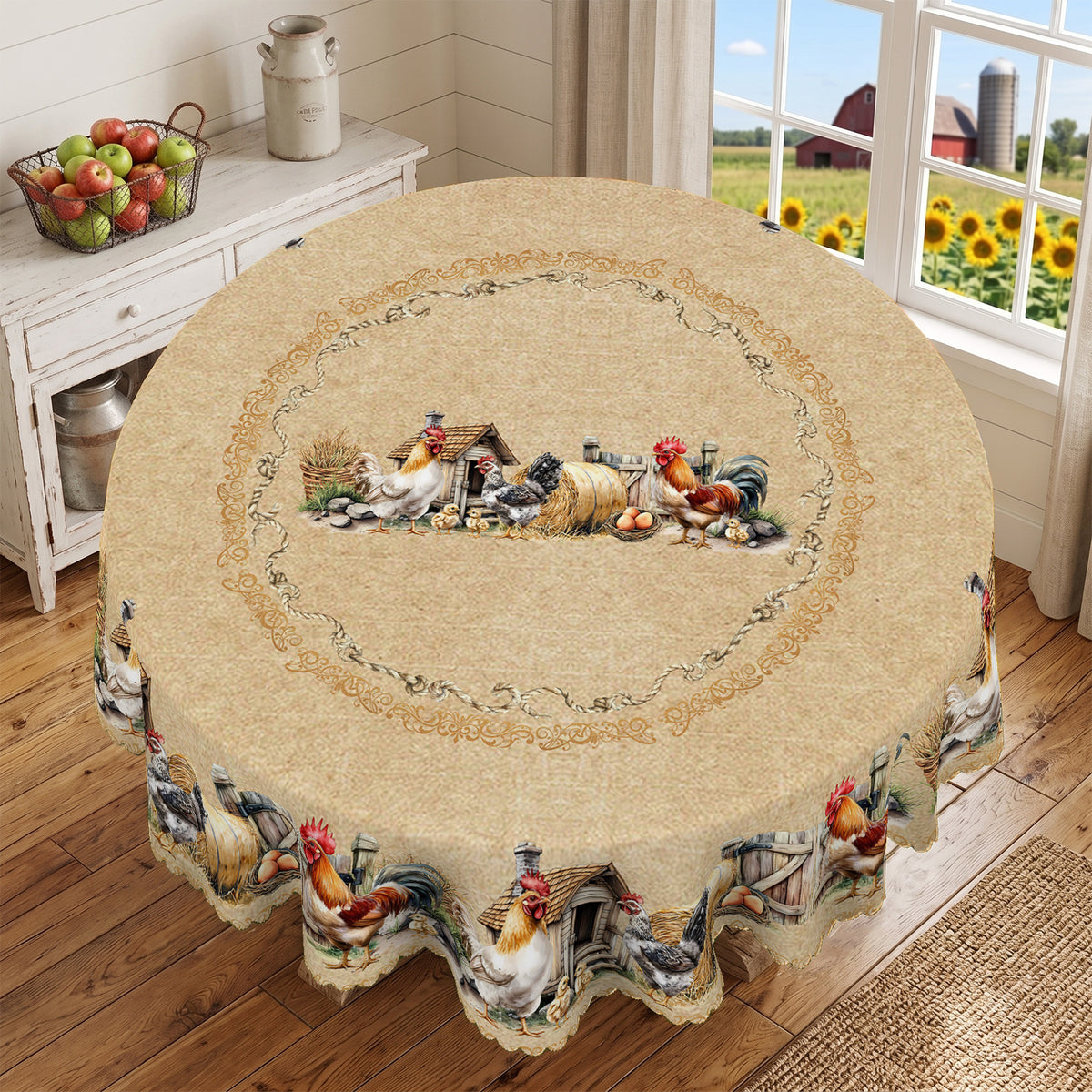 Vintage Farm Rooster Floral Round Tablecloth, Decorative Dining Table Cover for Kitchen, Dining & Farmhouse Home Decor - BN007-1-152R - image 3