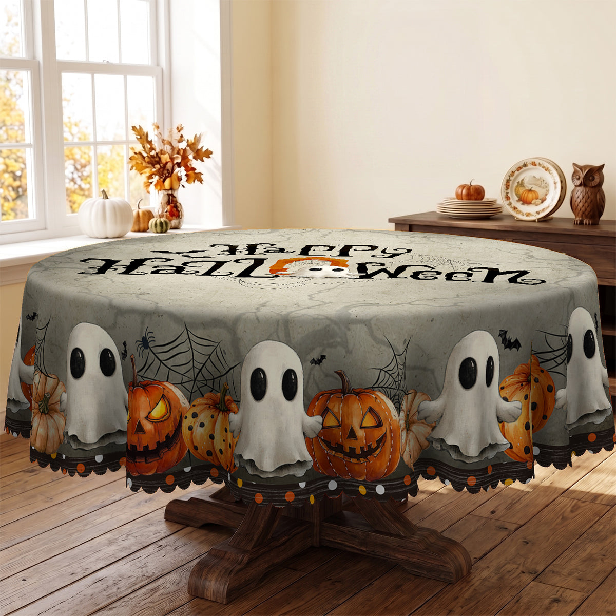 Halloween Haunted House Round Tablecloth, Decorative Dining Table Cover for Halloween Parties, Dining & Fall Decor - BW004-152R - image 3