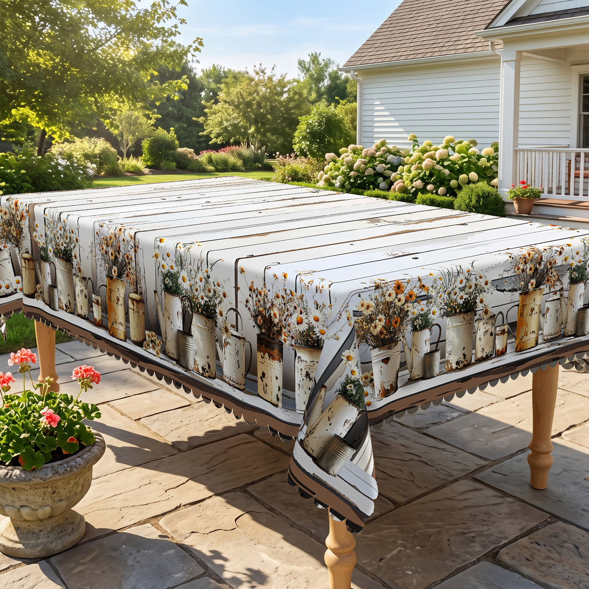 Whitewashed Wood Plank Daisy Tablecloth, Decorative Dining Table Cover for Kitchen, Dining & Farmhouse Home Decor - BN008-1-220 - image 3