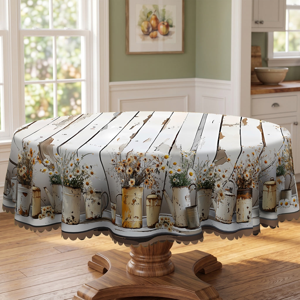 Whitewashed Wood Plank Daisy Round Tablecloth, Decorative Dining Table Cover for Kitchen, Dining & Farmhouse Home Decor - BN008-1-152R - image 3