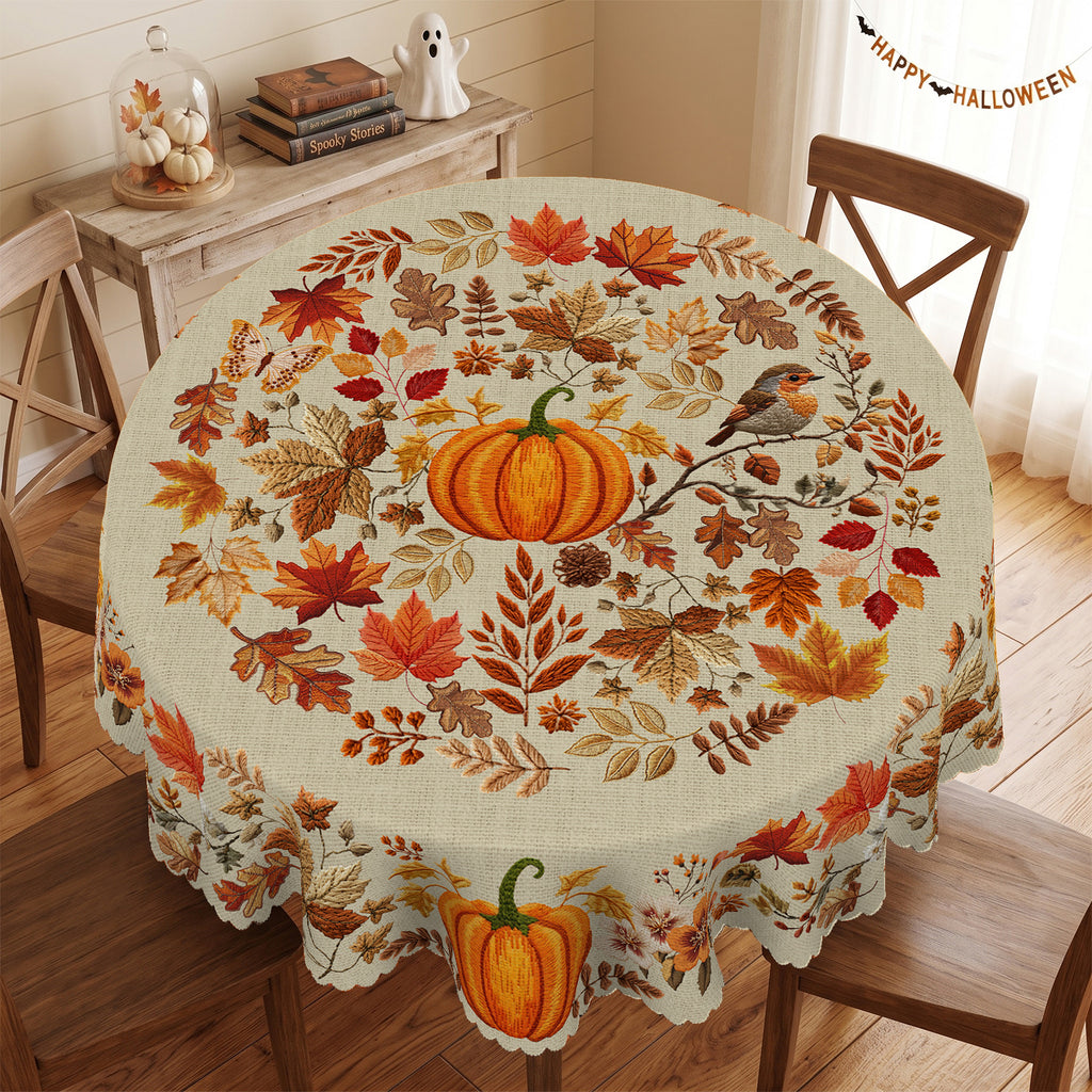 Autumn Pumpkin Floral Round Tablecloth, Decorative Dining Table Cover for Dining, Thanksgiving & Fall Home Decor - BQ004-152R - image 3