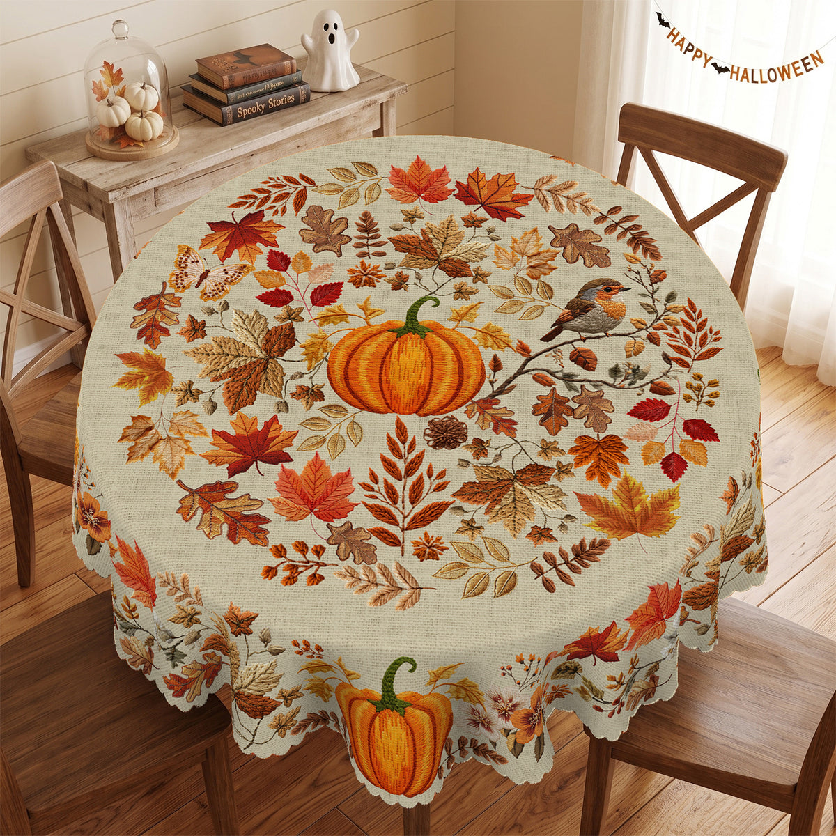 Autumn Pumpkin Floral Round Tablecloth, Decorative Dining Table Cover for Dining, Thanksgiving & Fall Home Decor - BQ004-152R - image 3