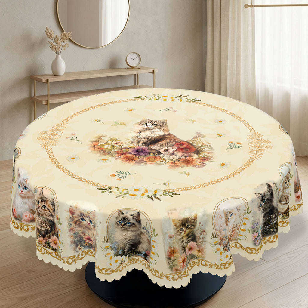 Vintage Cat Cameo Floral Round Tablecloth, Decorative Dining Table Cover for Kitchen, Dining & Pet Lover Home Decor - BM004-152R - image 3