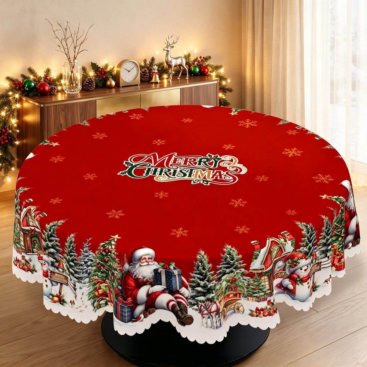 Christmas Santa Village Round Tablecloth, Decorative Dining Table Cover for Dining, Holiday Parties & Christmas Decor - BS001-180R - image 3