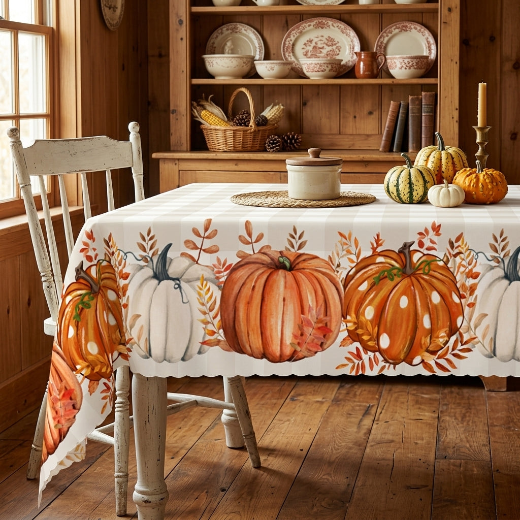 Fall Pumpkin Gingham Tablecloth, Decorative Dining Table Cover for Thanksgiving, Fall Dining & Farmhouse Decor - BQ001-220 - image 3