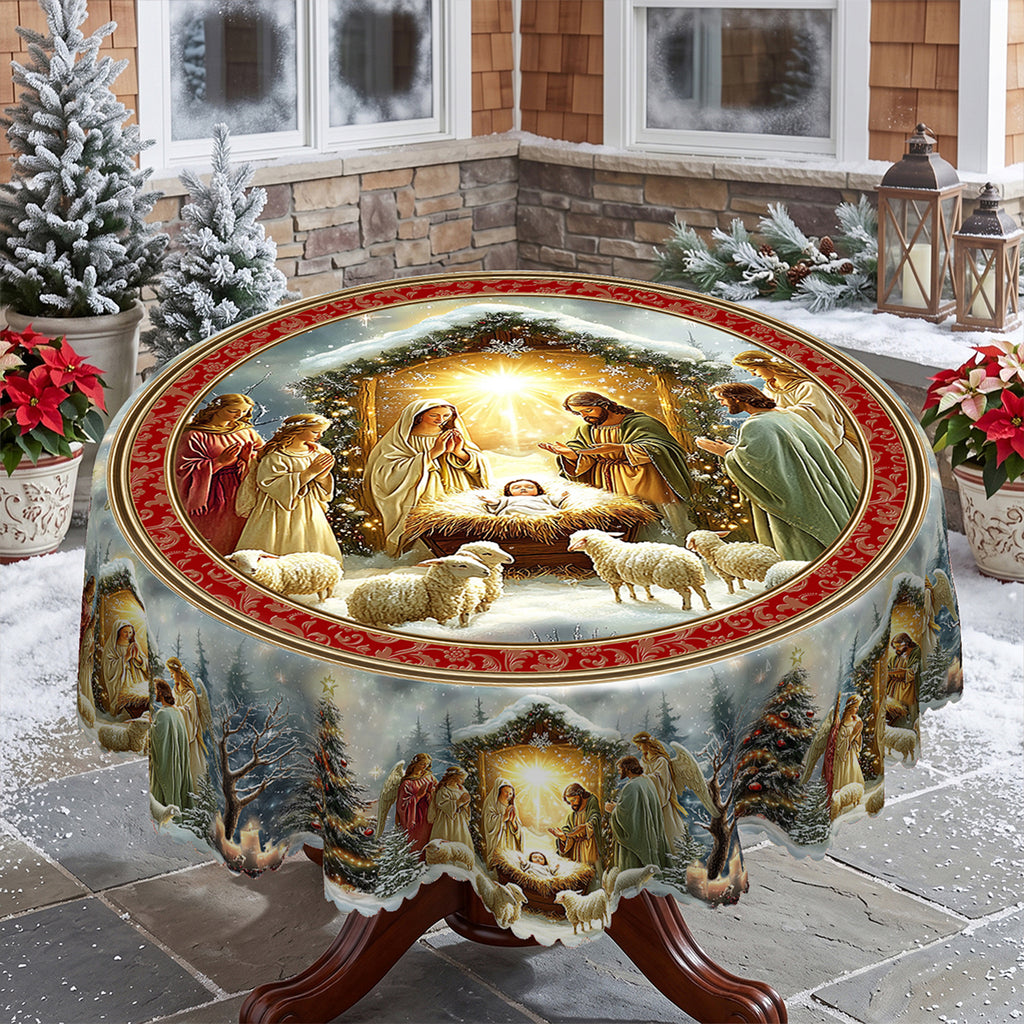 Christmas Nativity Scene Round Tablecloth, Decorative Dining Table Cover for Dining, Holiday Parties & Christmas Decor - BS037-152R - image 3