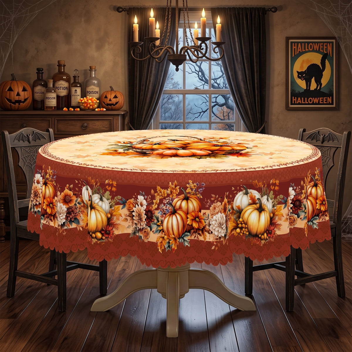 Pumpkin Harvest Border Round Tablecloth, Decorative Dining Table Cover for Dining, Thanksgiving & Farmhouse Fall Decor - BQ017-180R - image 3