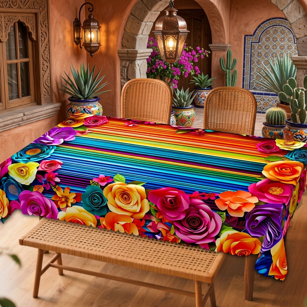 Vibrant Mexican Floral Stripe Tablecloth, Decorative Dining Table Cover for Dining, Party, Patio & Colorful Home Decor - 70-1-140 - image 3