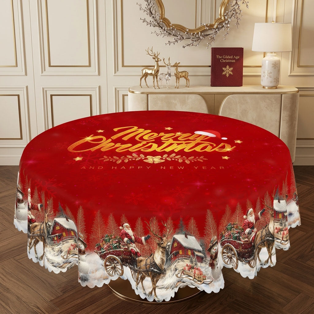 Merry Christmas Red Round Tablecloth, Decorative Dining Table Cover for Dining, Holiday Parties & Christmas Decor - BS036-180 - image 4