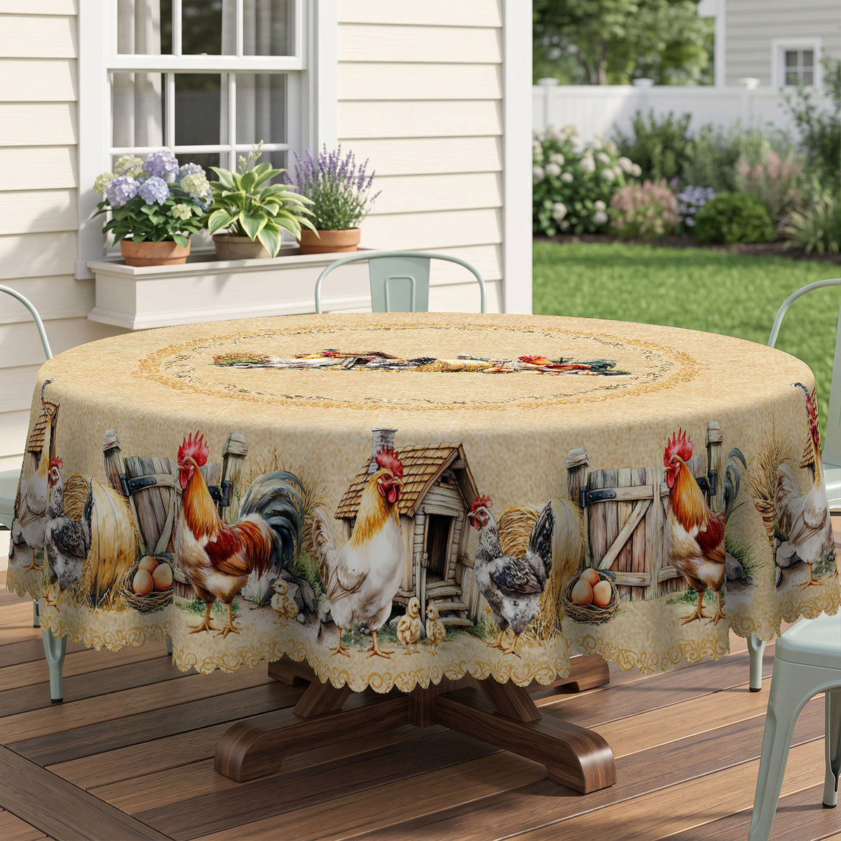 Vintage Farm Rooster Floral Round Tablecloth, Decorative Dining Table Cover for Kitchen, Dining & Farmhouse Home Decor - BN007-1-152R - image 4