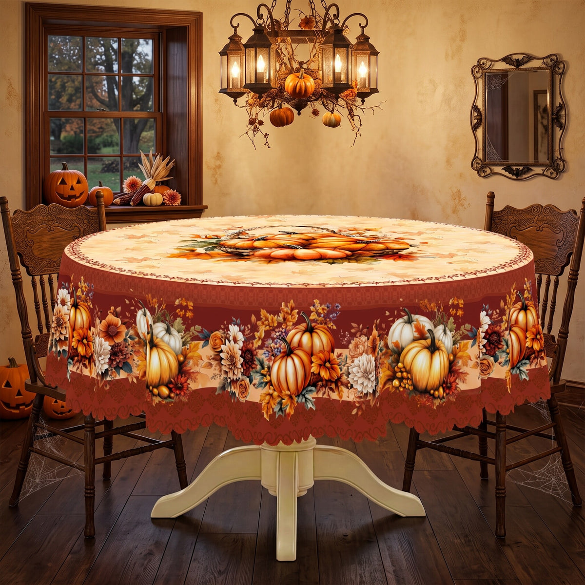 Pumpkin Harvest Border Round Tablecloth, Decorative Dining Table Cover for Dining, Thanksgiving & Farmhouse Fall Decor - BQ017-180R - image 4