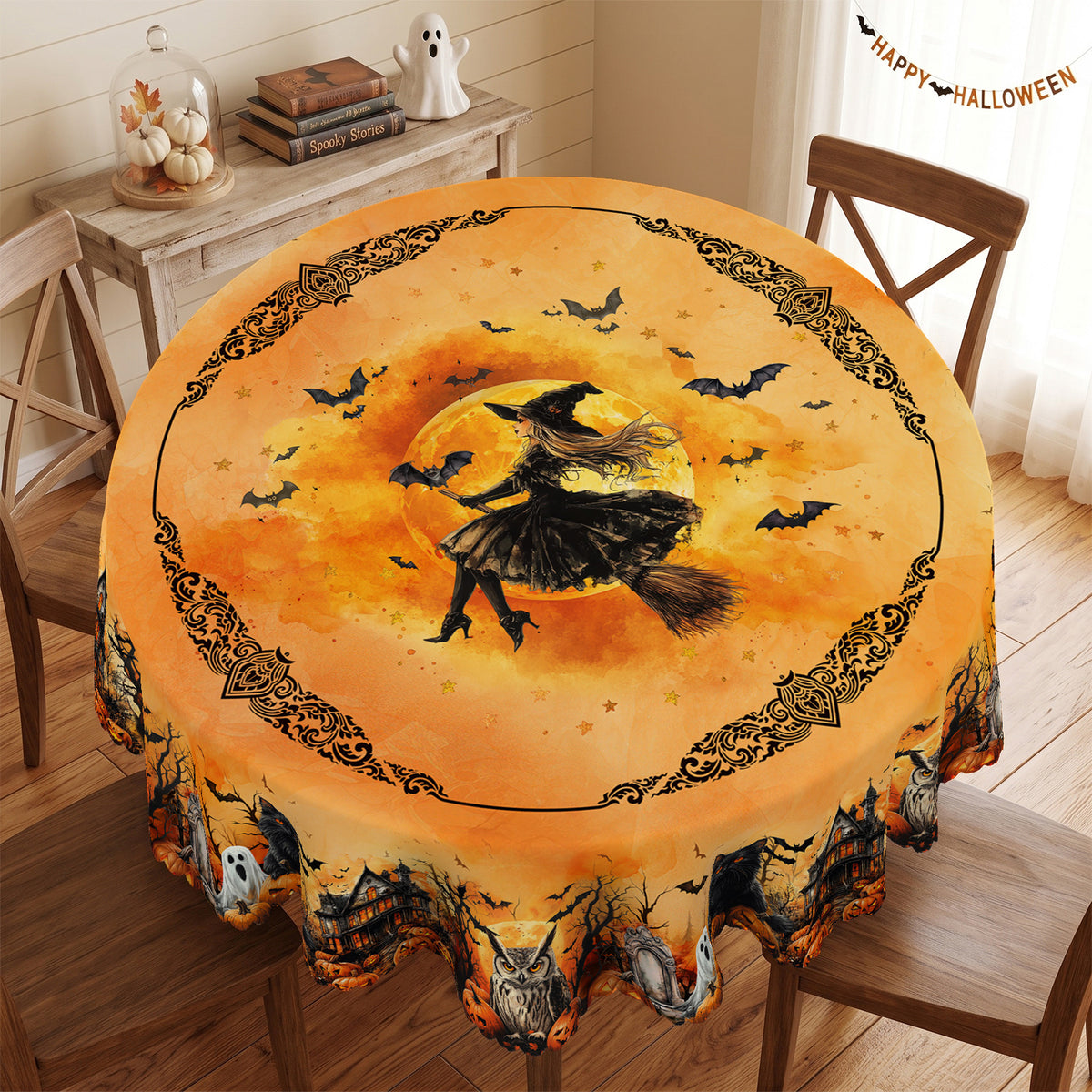 Halloween Pumpkin & Bats Round Tablecloth, Decorative Dining Table Cover for Halloween Parties, Dining & Fall Decor - BW002-152R - image 4