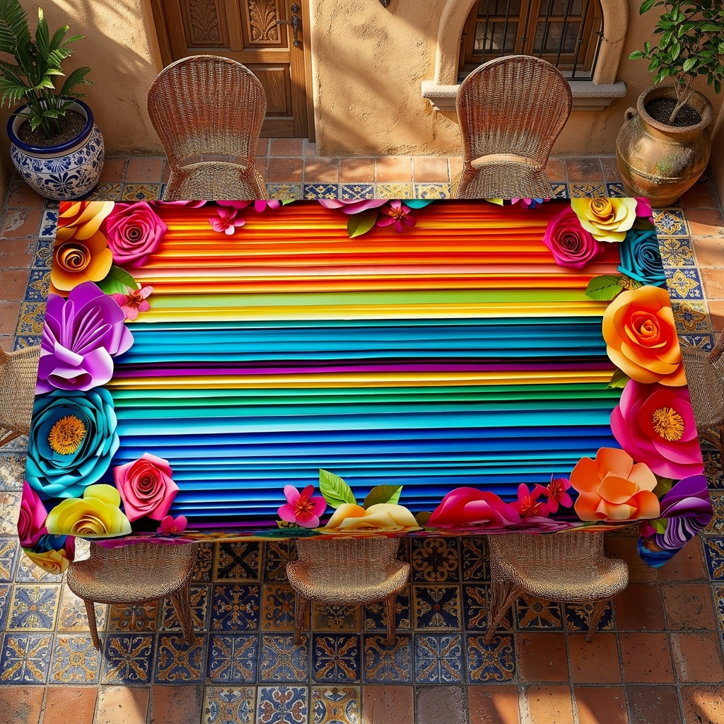 Vibrant Mexican Floral Stripe Tablecloth, Decorative Dining Table Cover for Dining, Party, Patio & Colorful Home Decor - 70-1-140 - image 4
