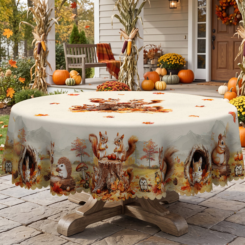 Autumn Squirrel Harvest Round Tablecloth, Decorative Dining Table Cover for Dining, Thanksgiving & Fall Home Decor - BQ015-152R - image 4