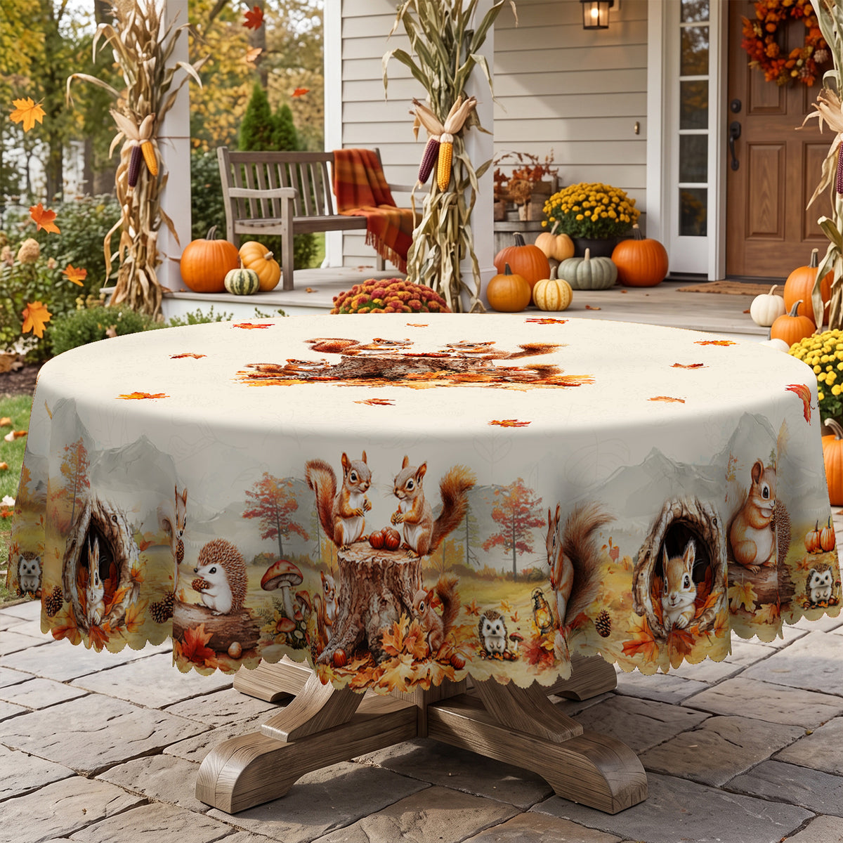 Autumn Squirrel Harvest Round Tablecloth, Decorative Dining Table Cover for Dining, Thanksgiving & Fall Home Decor - BQ015-152R - image 4