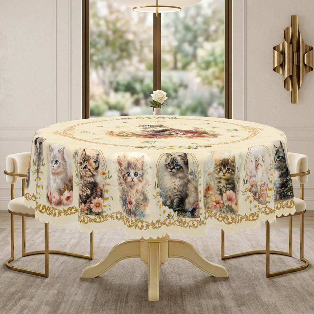 Vintage Cat Cameo Floral Round Tablecloth, Decorative Dining Table Cover for Kitchen, Dining & Pet Lover Home Decor - BM004-152R - image 4
