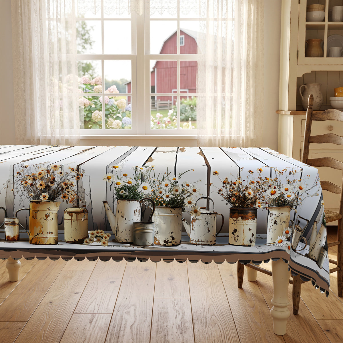 Whitewashed Wood Plank Daisy Tablecloth, Decorative Dining Table Cover for Kitchen, Dining & Farmhouse Home Decor - BN008-1-220 - image 4