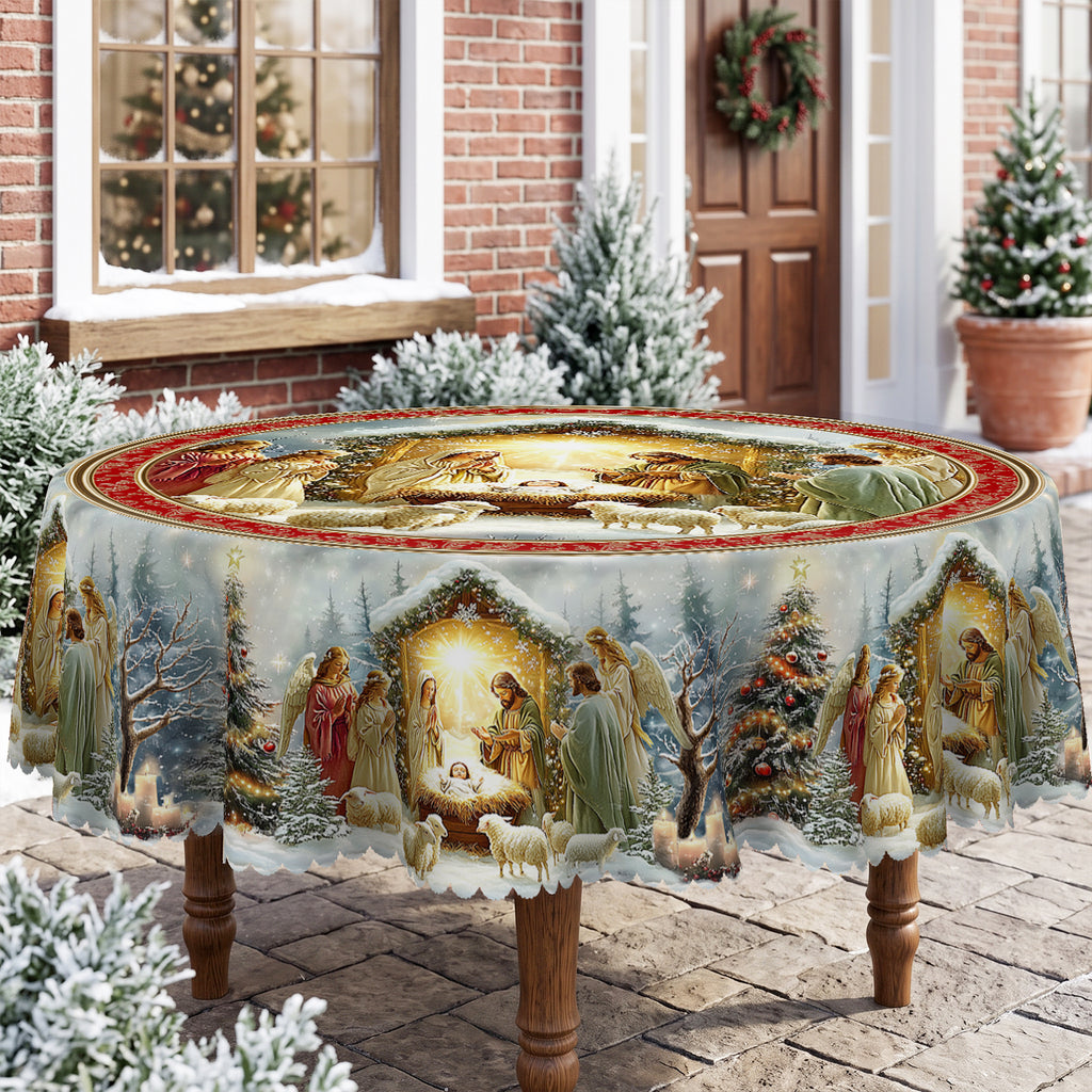 Christmas Nativity Scene Round Tablecloth, Decorative Dining Table Cover for Dining, Holiday Parties & Christmas Decor - BS037-152R - image 4