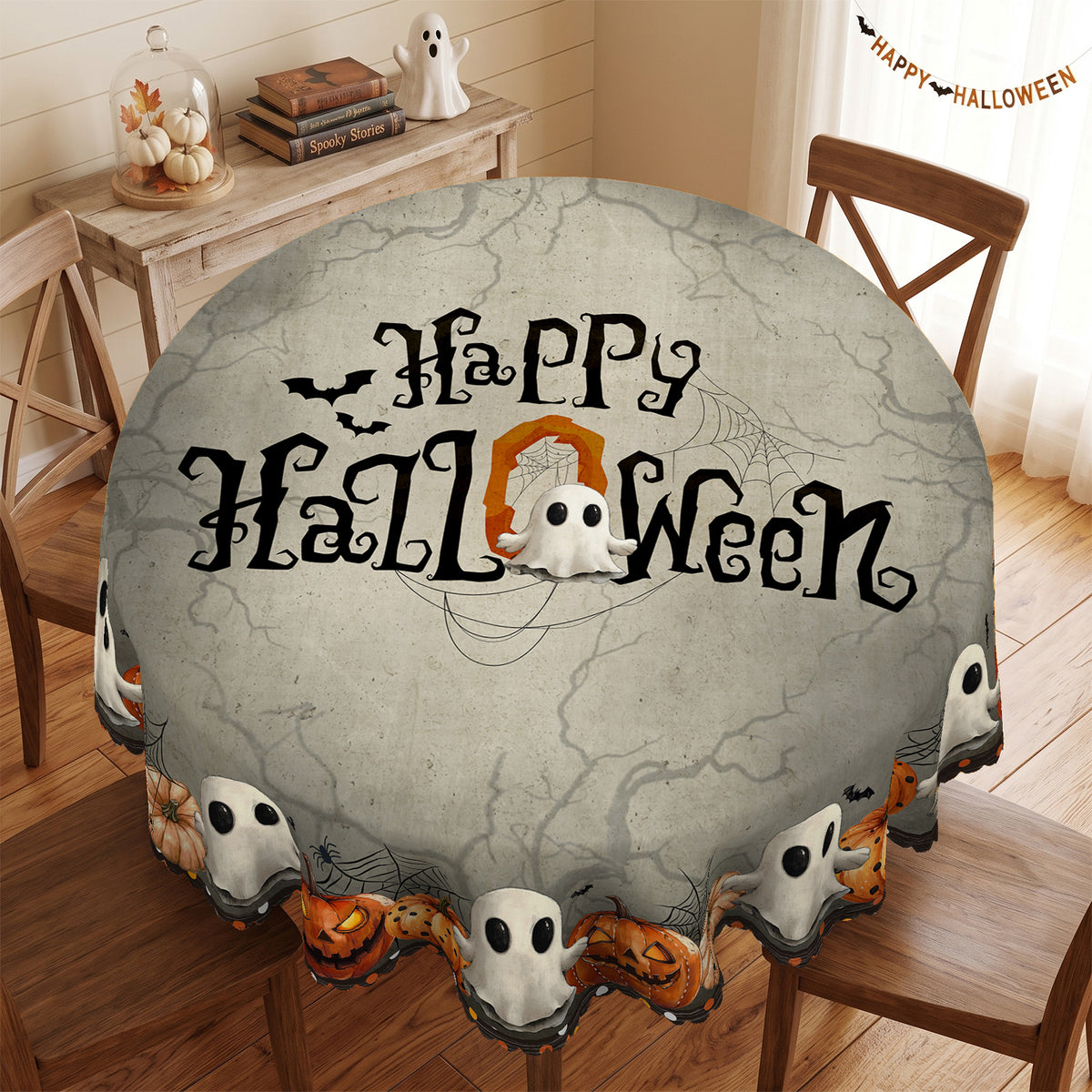 Halloween Haunted House Round Tablecloth, Decorative Dining Table Cover for Halloween Parties, Dining & Fall Decor - BW004-152R - image 4