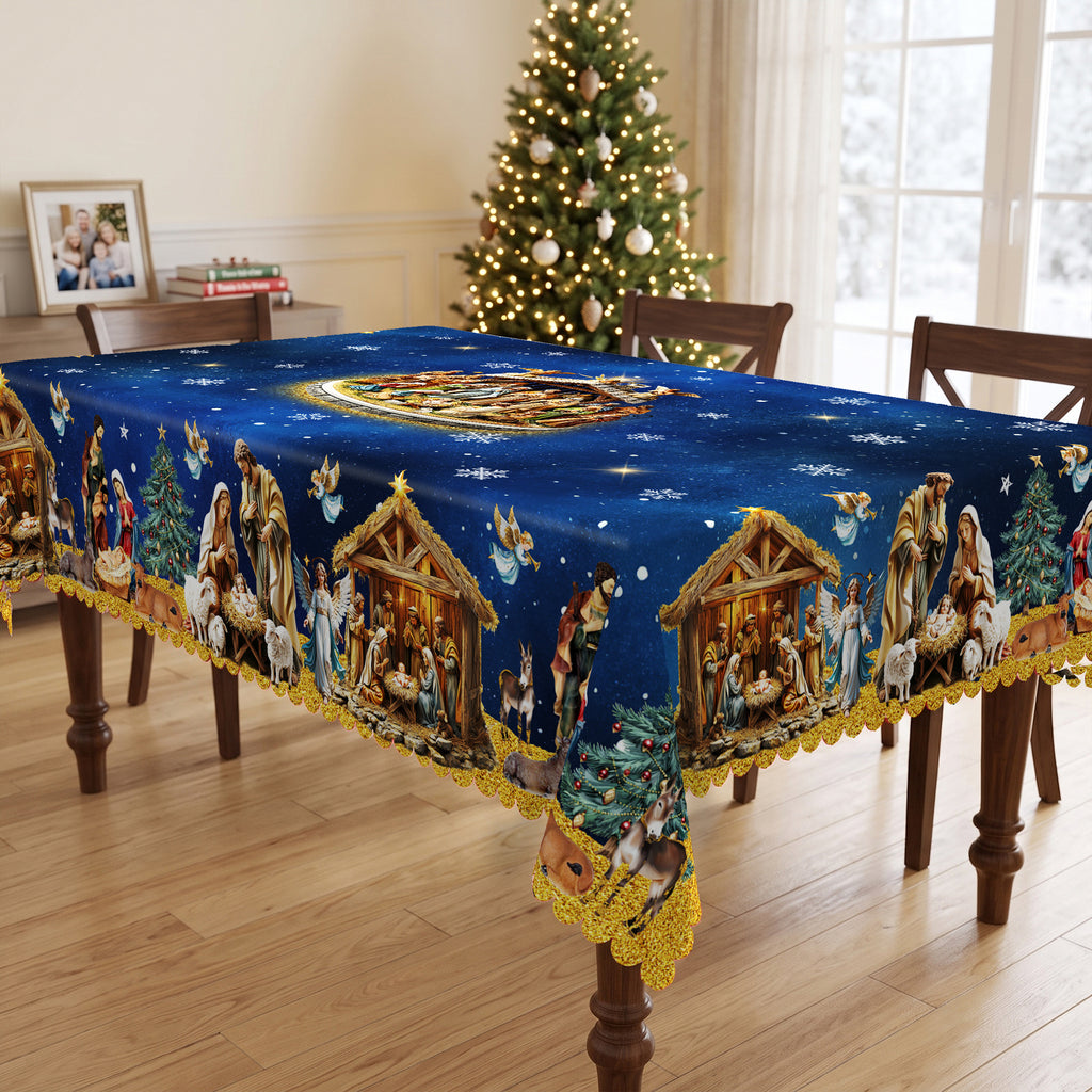 Blue Starry Nativity Tablecloth, Decorative Dining Table Cover for Dining, Holiday Parties & Christmas Decor - BS042-220 - image 4