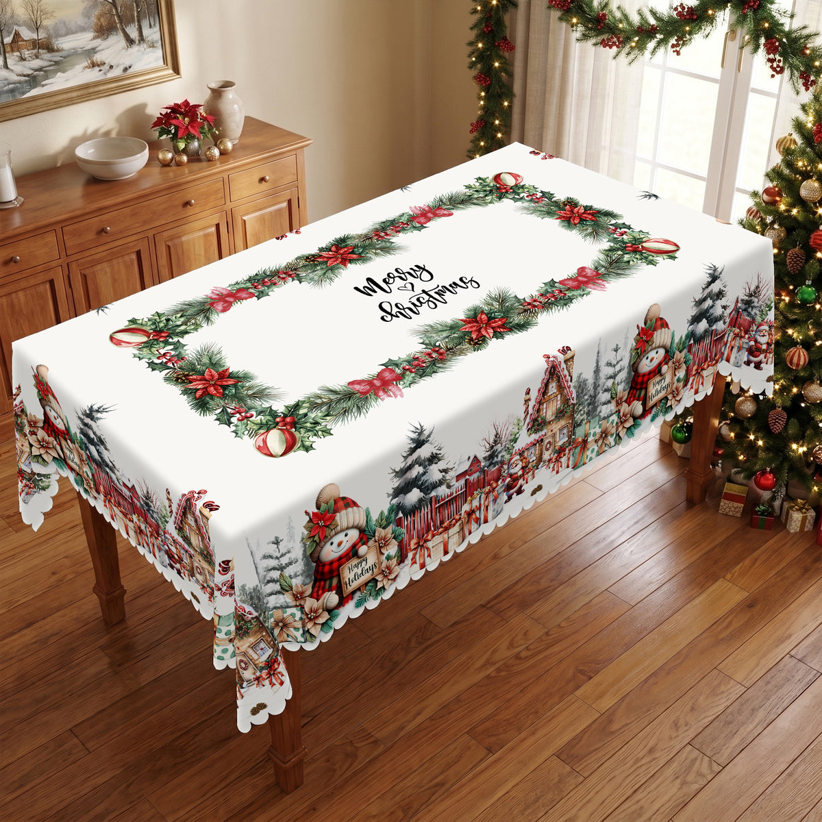 Christmas Snowman Village Tablecloth, Decorative Dining Table Cover for Dining, Holiday Parties & Christmas Decor - BS010-305 - image 4