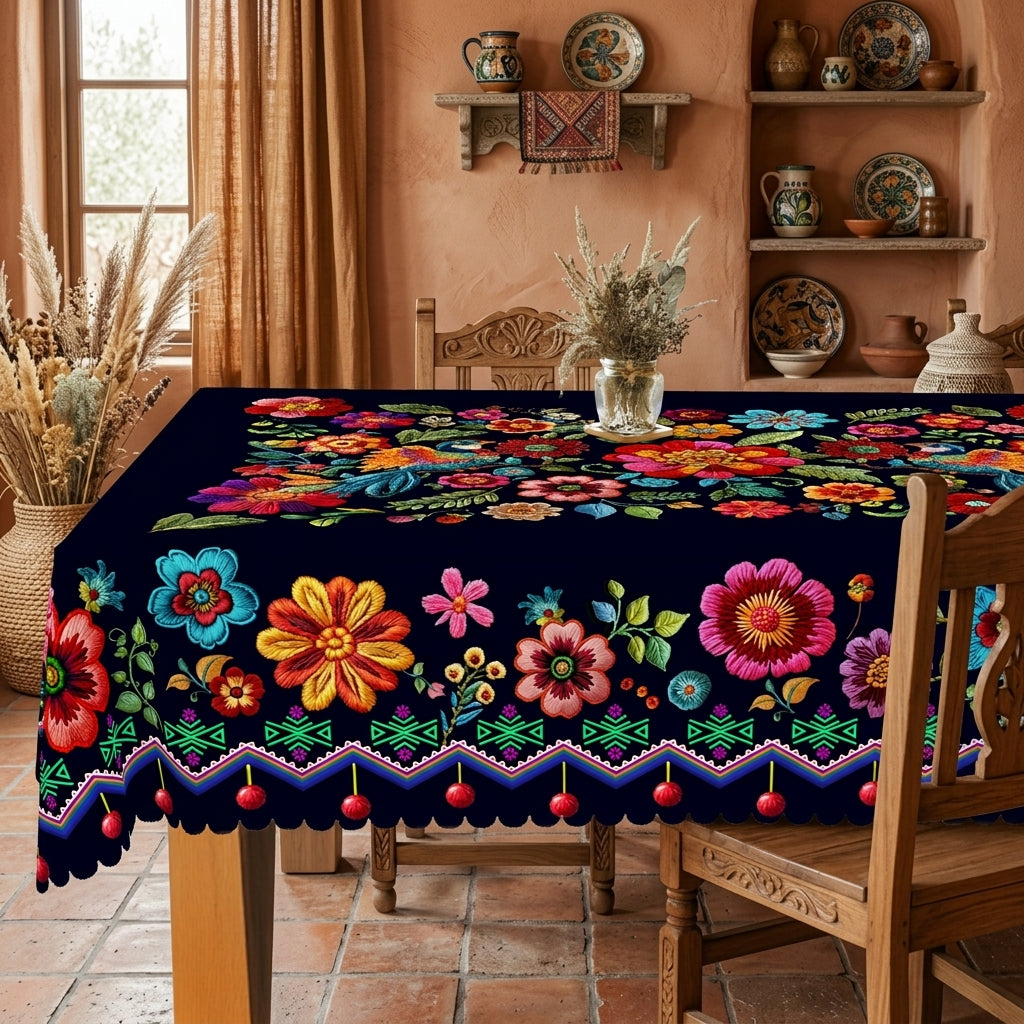 Navy Folk Floral Tablecloth, Decorative Dining Table Cover for Dining Room, Kitchen & Boho Home Decor - BH017-1-140 - image 4